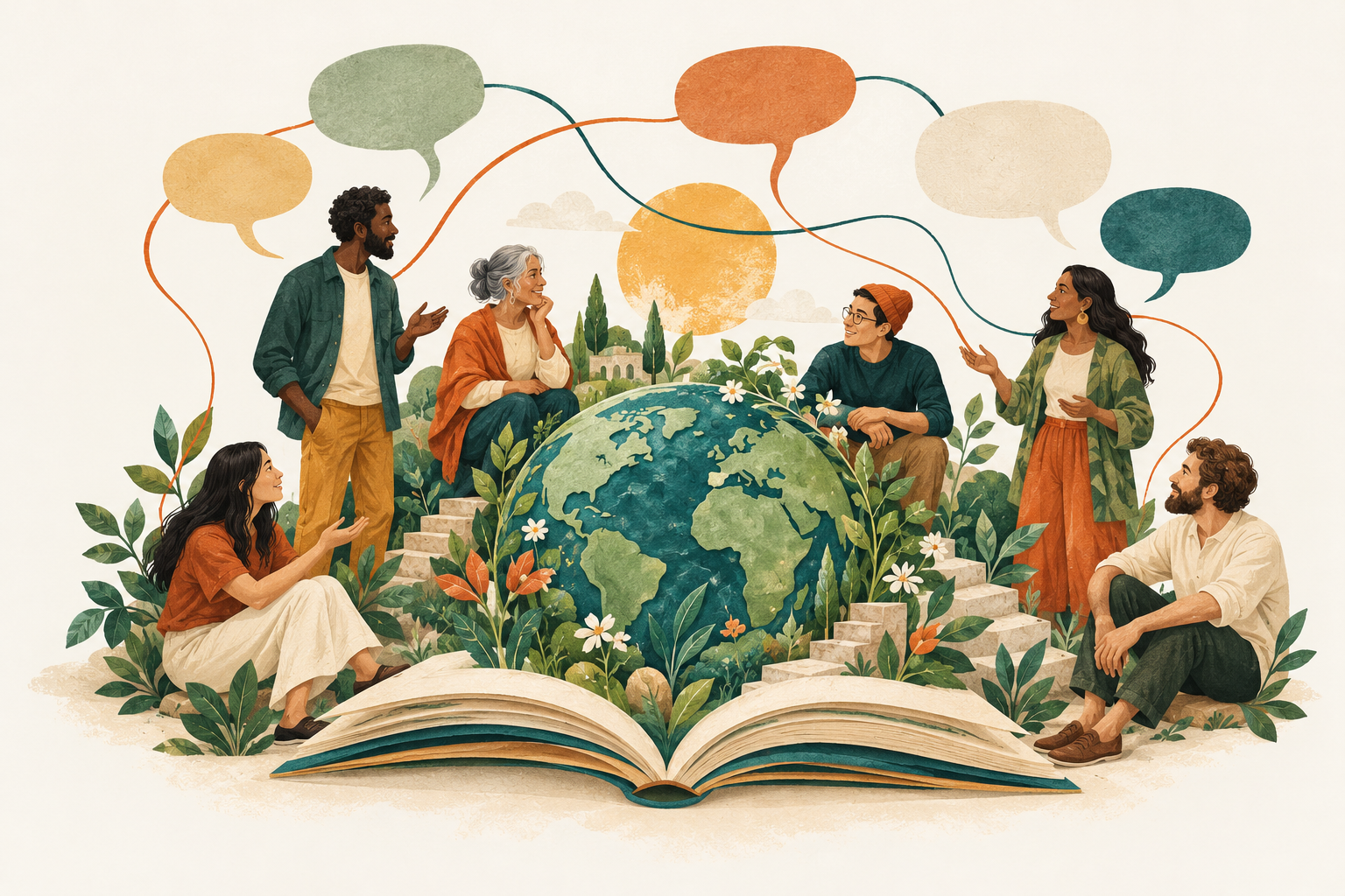 An editorial illustration of people gathered around an open book and a shared garden world, connected by conversation.